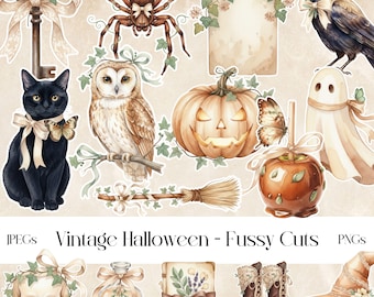 Recortes vintage de Halloween: imágenes prediseñadas de otoño, JPEG y PNG (digitales)