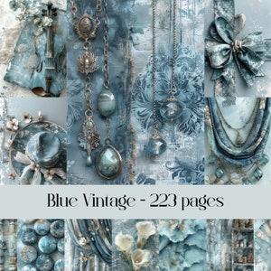Blauw vintage digitaal papier voor plakboek en rommeldagboek, antiek, achtergrond, kant, stof, sieraden, bloemen, afdrukbare afbeeldingen