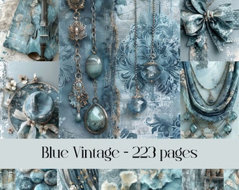 Blue Vintage Scrapbook Paper: Lace, Flowers, Jewelry (Digital Download)
