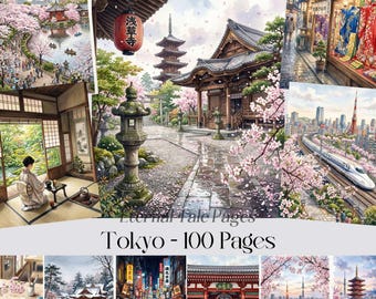 Papel digital de acuarela de Tokio, páginas de álbum de recortes con flores de cerezo de Japón (descarga digital)