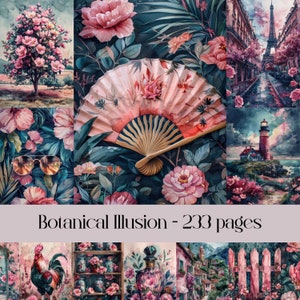 Ilusión botánica, papel digital, álbum de recortes, diario basura, flores rosas, tropical, imágenes florales, romántico, collage, imprimible, efímera