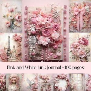 Rosa und weiße Junk Journal Seiten, Scrapbook Papier, feminin und elegant, Rahmen und Blumen, Collage Papier, printable Bilder