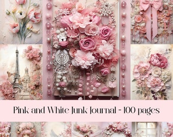 Pink and White Junk Journal Pages, scrapbook paper, feminine and elegant, frames and flowers, collage paper, printable images