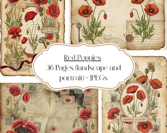 Red Poppies Digital Paper Pack, Vintage Floral Ephemera (Digital Download)
