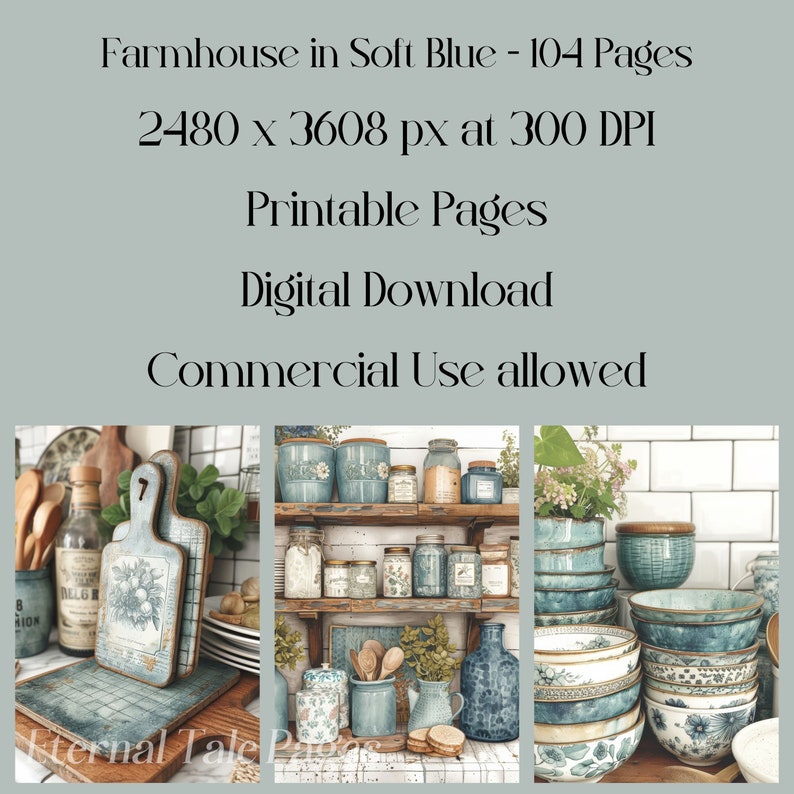 Farmhouse in Soft Blue, junk journal pages, digital paper, digital ephemera, cottage house, cottagecore, cottage core, farm house images image 2