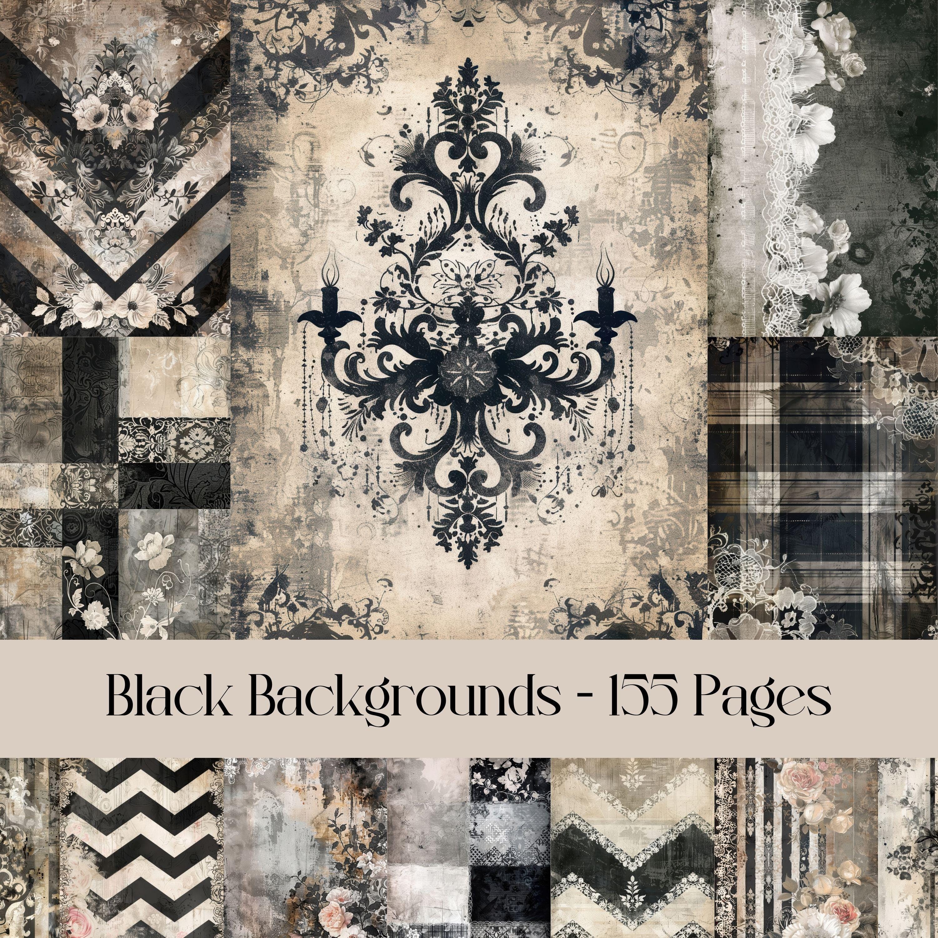 Black Background paper, digital paper, junk journal, scrapbook paper, grunge, faded motif, lace, stripes, damask, chevron, tartan, printable