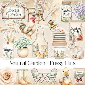 Neutral Garden Fussy Cuts, diario basura, hojas de calcomanías, álbumes de recortes, granja, impresión y corte, PNG, JPEG, plantas, jardinería, material efímero vintage