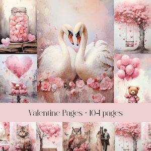 Pages de journal indésirable aquarelle Saint-Valentin, papier de scrapbooking, collage, papier imprimable, coeurs, amour, couple, papier numérique, illustrations