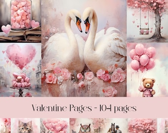 Valentinstag Aquarell Junk Journal Seiten: Liebe & Herzen (Digitales Papier)