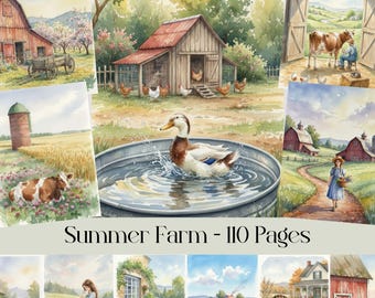 Summer Farm Watercolor Digital Images, Rustic Country, Farm Life