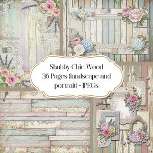 Shabby Chic Wood and Floral Digital Paper Pack, Junk Journal papers, Rustic Wood Backgrounds with Roses and Lace, Vintage Printable Pages