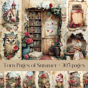 Torn Pages of Summer, carta digitale, carta per scrapbooking, diario spazzatura, cottage rustico, cottagecore, carta strappata, fattoria, cucina, vintage