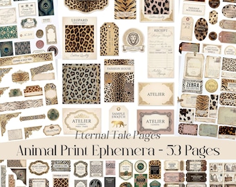 Vintage Animal Print Ephemera Pack, Leopard Zebra Boho Junk Journal Kit (Digital File)