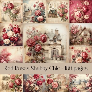 Páginas Shabby Chic de rosas rojas para álbumes de recortes y diarios basura, estilo rústico, campestre, flores vintage, papel antiguo, papel imprimible digitalmente.