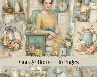 Páginas de cuaderno con estampado floral estilo shabby chic vintage, papel digital estilo casa de campo francesa (116 páginas)