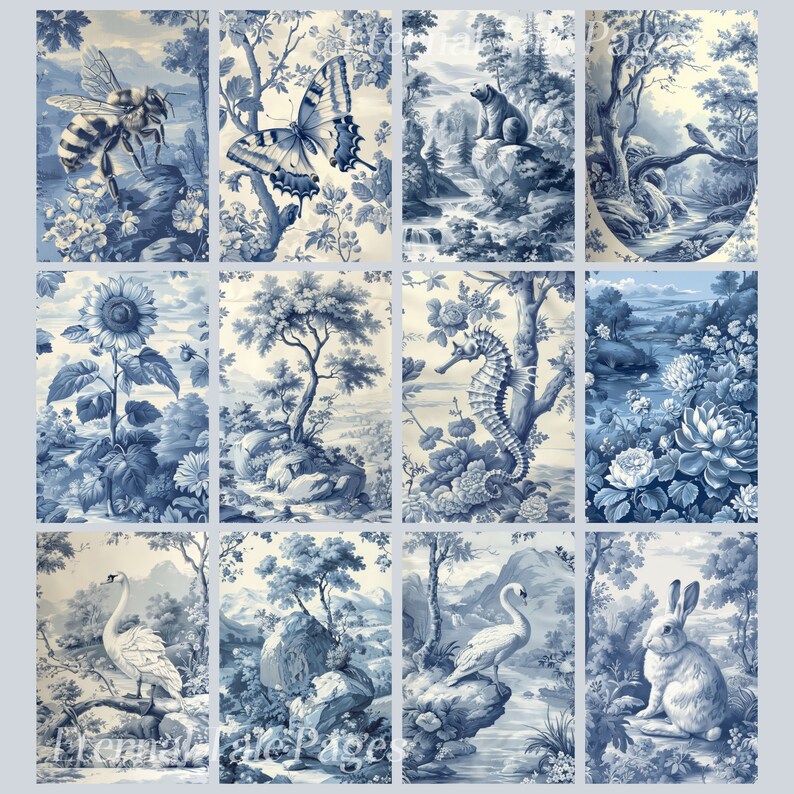 May include: A set of ten blue and white ceramic tiles featuring various nature scenes. The tiles depict a bee, butterfly, bear, swan, rabbit, sunflower, seashell, and other floral designs.