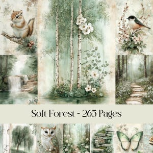 Páginas de bosque suave, papel digital, diario basura, papel para álbumes de recortes, verde, primavera, naturaleza, bosques, animales, flores, botánica, imprimible