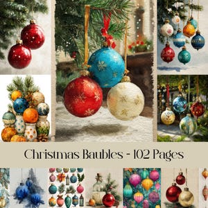 Christmas Baubles, watercolor images, christmas paper, xmas, junk journal, balls, scrapbook paper, bundle, festive images, printable