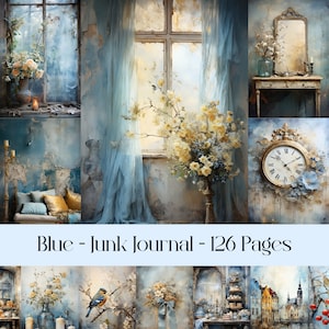 Páginas de diario basura azul pálido, imágenes de álbumes de recortes, papel de collage, papel imprimible digital, shabby chic, imágenes vintage, femenino y suave