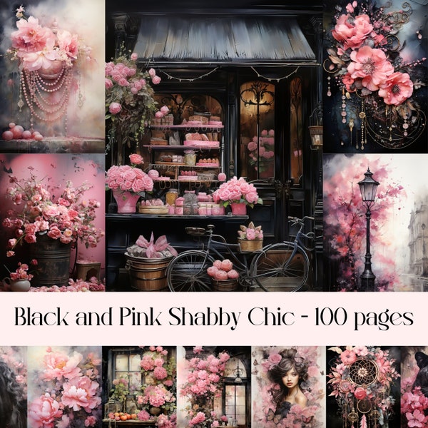 Black and Pink Shabby Chic Junk journal Pages, scrapbook pages, collage, printable images, background images, vintage ephemera