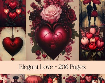 Elegant Love Junk Journal Seiten: Rosen, Herzen, Valentinstag (Digitaler Download A4 JPEG-Bilder)