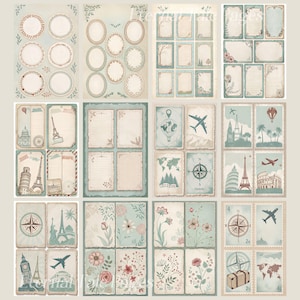 May include: A set of 30 vintage-style printable scrapbook paper designs featuring travel themes. The papers include images of airplanes, hot air balloons, Eiffel Tower, compass, and floral patterns. The papers are in shades of blue, green, and beige.