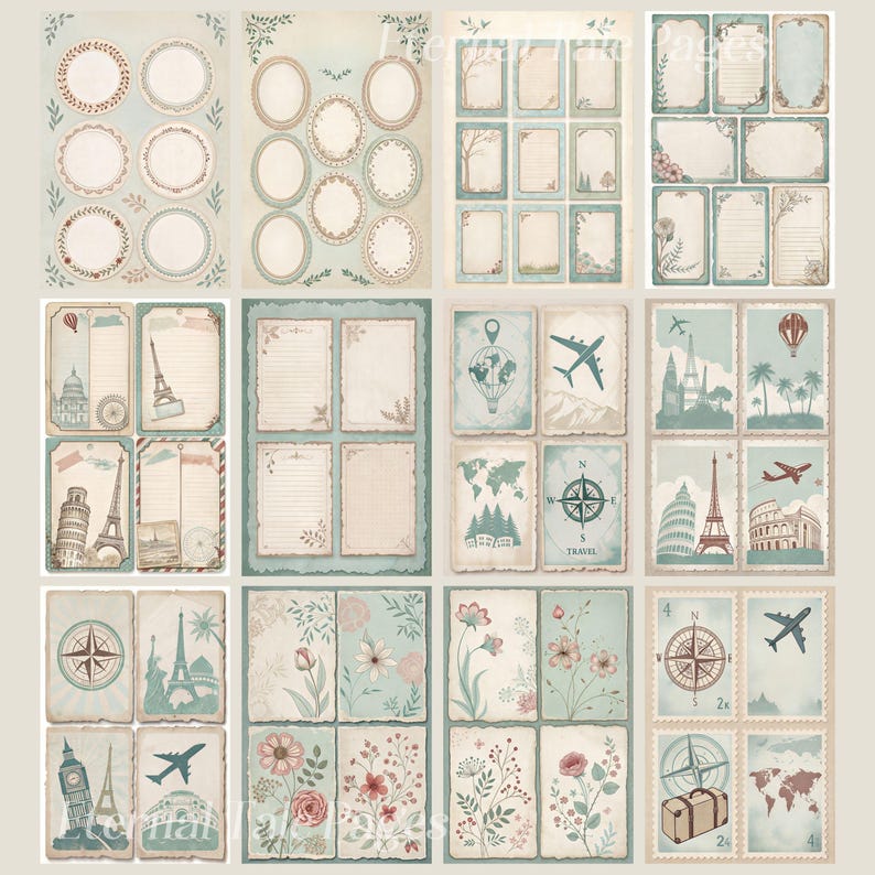 May include: A set of 30 vintage-style printable scrapbook paper designs featuring travel themes. The papers include images of airplanes, hot air balloons, Eiffel Tower, compass, and floral patterns. The papers are in shades of blue, green, and beige.