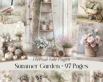 Summer Garden Junk Journal Pages, Shabby Chic Floral Botanical Prints (Digital Download)