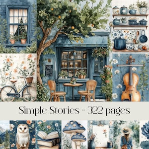 Páginas de Historias sencillas, papel digital, álbum de recortes, diario basura, papel imprimible, flores, campo, acuarela, animales y pájaros, paisajes