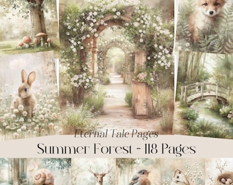 Sommer Wald Junk Journal Seiten, Waldtiere, Pastell Dekor (Digitaler Download)