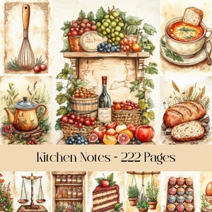 Keukennotitiepagina's, digitaal papier, junkjournal, plakboek, koken, keukengerei, ingrediënten, eten, drinken, groenten, afdrukbaar