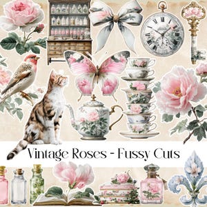 Rose vintage Fussy Cuts, diario di scarto, fogli di adesivi, scrapbooking, stampa e ritaglio, PNG, JPEG, cottage rustico, natura, effimeri vintage