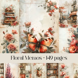 Floral Memos pages, watercolor images, scrapbook paper, junk journal, digital paper, flowers, botanical, plants and scenery, vintage look