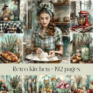Pagine di cucina retrò, carta per scrapbooking e diario di scarto, immagini di cibo, cucina, cucinare, cuocere al forno, ingredienti, illustrazioni di libri di cucina, stampabili