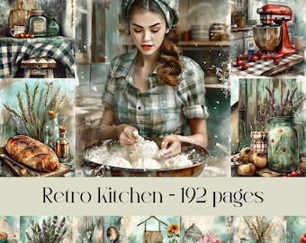 May include: A watercolor-style illustration of a retro kitchen scene. A person in a plaid shirt and headscarf is kneading dough. The image includes a red stand mixer, bread, and the text "Retro Kitchen - 192 pages."