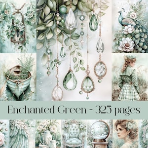 Betoverde groene pagina's voor plakboek en ongewenste dagboeken, digitaal papier, afdrukbare afbeeldingen, zacht pastelgroen, bloemen, cottagecore, fantasiekunst