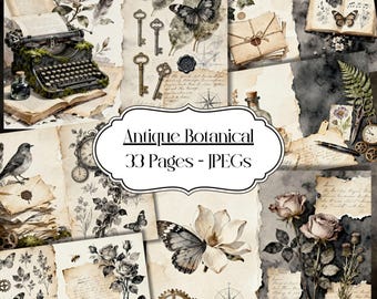 Antique Botanical Journal Pages, Vintage Nature Ephemera Kit, Floral Butterfly Printable Paper