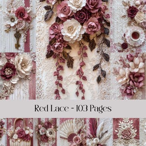Pages de dentelle rouge, papier numérique, papier de fond, tissu, shabby chic, bordeaux, fleurs, perles, perles, journal indésirable, papier scrappy, scrapbooking