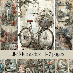 Levensherinneringen, Junk Journal, digitaal papier, plakboekpapier, collagepapier, vintage ephemera, landschappen, aquarel, gescheurde pagina's