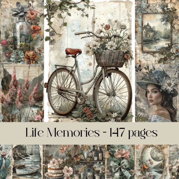 Life memories, Junk Journal, digital paper, scrapbook paper, collage paper, vintage ephemera, landscapes, watercolor, tattered pages