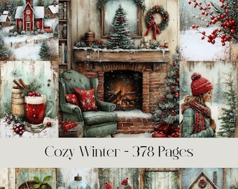 Op de afbeelding: Een collage van winterse afbeeldingen, waaronder een rode kerk, een open haard met een knisperend vuur, een sneeuwbol, een sneeuwpop en een knusse fauteuil. De tekst "Cozy Winter - 378 Pages" staat onderaan de collage.