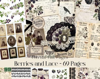 Blackberry Lace Junk Journal Kit, Victorian Botanical Collage Pages (Digital Download)