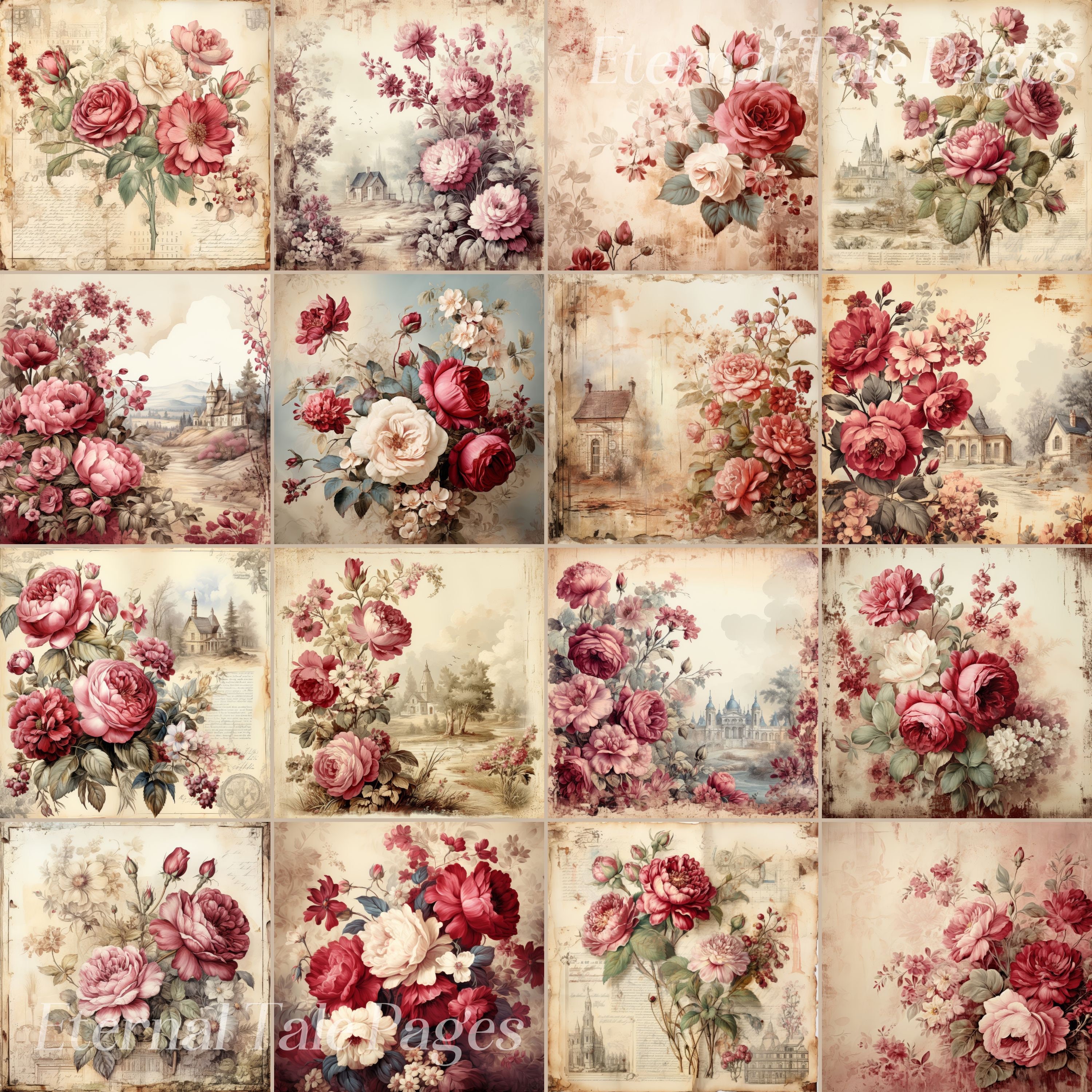 Red Roses Shabby Chic Digital Paper: Vintage Scrapbook Pages (digital ...