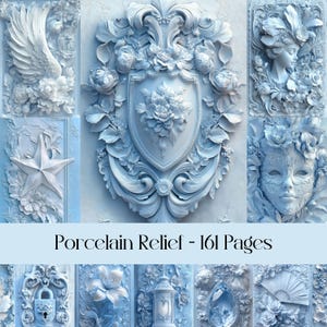 Relieve de porcelana, papel digital, ornamentado, diario basura, barroco, arcilla, flores, animales, decoración, rococó, naturaleza, imágenes imprimibles, antiguo
