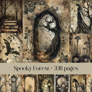Spooky Forest Pages, junk journal, scrapbook paper, digital paper, halloween, gothic, skeletons, woods, aged old paper, collage, script