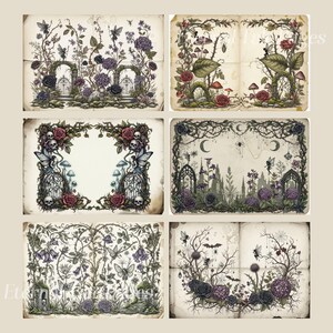 Pu&ograve; includere: Una collezione di sei stampe in stile vintage con temi gotici e fantasy. Ogni stampa presenta illustrazioni dettagliate di fate, rose, cancelli ed elementi mistici in tonalit&agrave; viola, nero e verde. Le stampe hanno un aspetto di carta invecchiata.