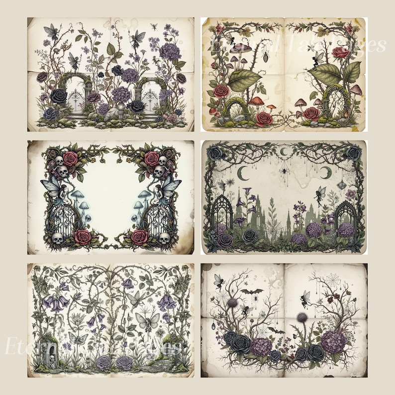 Pu&ograve; includere: Una collezione di sei stampe in stile vintage con temi gotici e fantasy. Ogni stampa presenta illustrazioni dettagliate di fate, rose, cancelli ed elementi mistici in tonalit&agrave; viola, nero e verde. Le stampe hanno un aspetto di carta invecchiata.