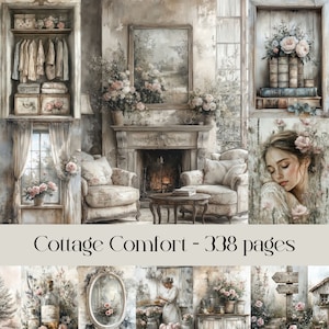 Cottage Comfort, digitaal papier, junkjournaal, plakboekpapier, shabby chic, landelijke villa, landleven, herenhuis, interieur, Victoriaans