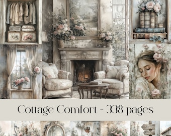 Cottage Comfort, digital paper, junk journal, scrapbook paper, shabby chic, countryside villa, country life, mansion, interior, victorian