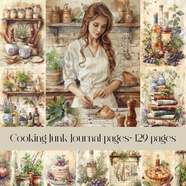 Koken en bakken van junk journal-pagina's, keuken, chef-kok, plakboekpapier, vintage keuken, verweerde afbeeldingen, collage, digitale ephemera, eten